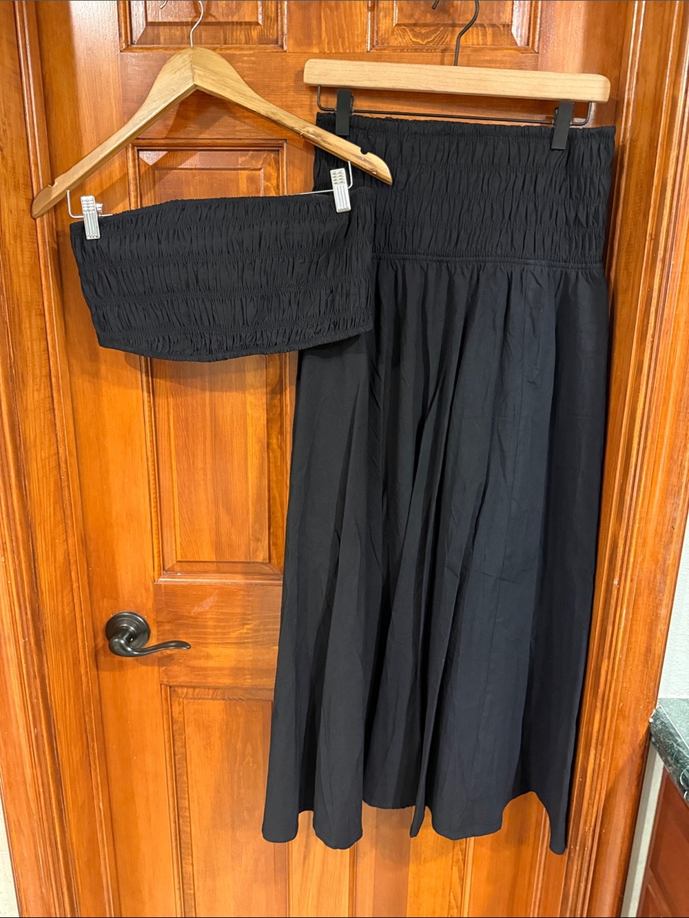 Black Smocked Maxi Skirt - crop top set Women